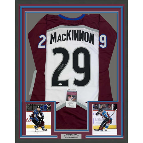 Framed Autographed/Signed Nathan MacKinnon 35x39 Colorado White Jersey JSA COA 2