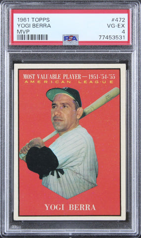 Yankees Yogi Berra 1961 Topps #472 Card Graded VG-EX-4 PSA Slabbed