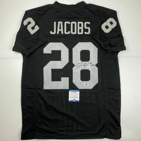 Autographed/Signed JOSH JACOBS Oakland Las Vegas Black Jersey Beckett BAS COA