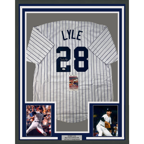 Framed Autographed/Signed Sparky Lyle 33x42 New York Pinstripe Jersey JSA COA