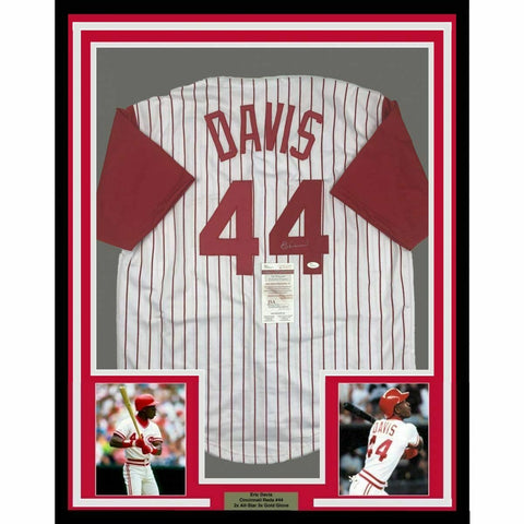 FRAMED Autographed/Signed ERIC DAVIS 33x42 Cincinnati Pinstripe Jersey JSA COA