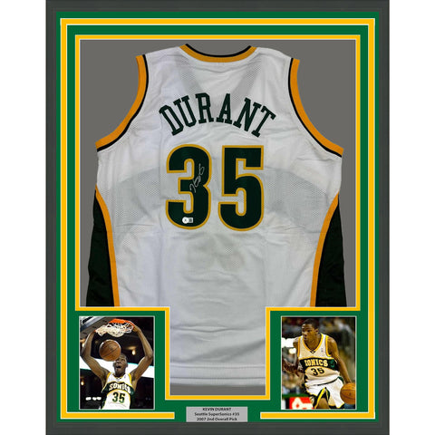 Framed Autographed/Signed Kevin Durant 35x39 Seattle White Jersey Beckett COA