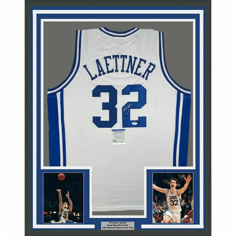 FRAMED Autographed/Signed CHRISTIAN LAETTNER 33x42 Duke White Jersey PSA/DNA COA