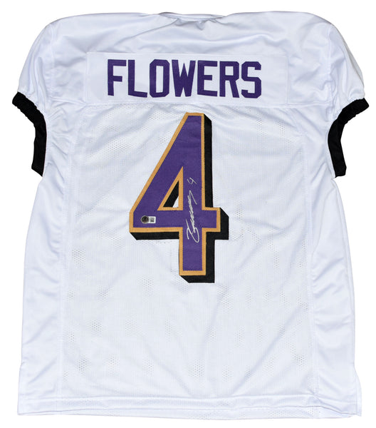 ZAY FLOWERS AUTOGRAPHED BALTIMORE RAVENS #4 WHITE GAME CUT JERSEY BECKETT