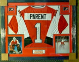 Bernie Parent Signed Philadelphia Flyer 35" x 43" Custom Framed Jersey (JSA COA)