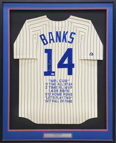 Cubs Ernie Banks Autographed Framed Cream Pinstripes Majestic Jersey PSA/DNA