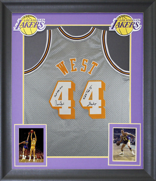 Lakers Jerry West "3x Insc" Signed Grey M&N HWC Swingman Framed Jersey BAS Wit