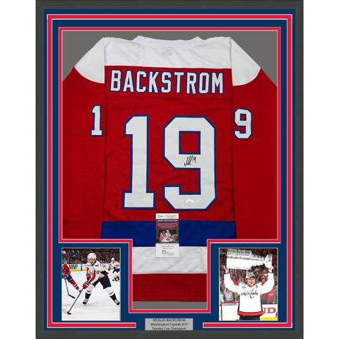 Framed Autographed/Signed Nicklas Backstrom 35x39 Red Retro Jersey JSA COA