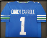 Seahawks Pete Carroll Autographed Framed Blue Throwback Jersey Beckett #AA01159