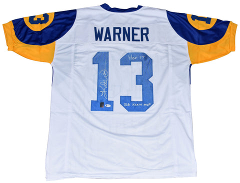 KURT WARNER SIGNED ST LOUIS RAMS #13 WHITE JERSEY W/ HOF 17 & SB XXXIV MVP