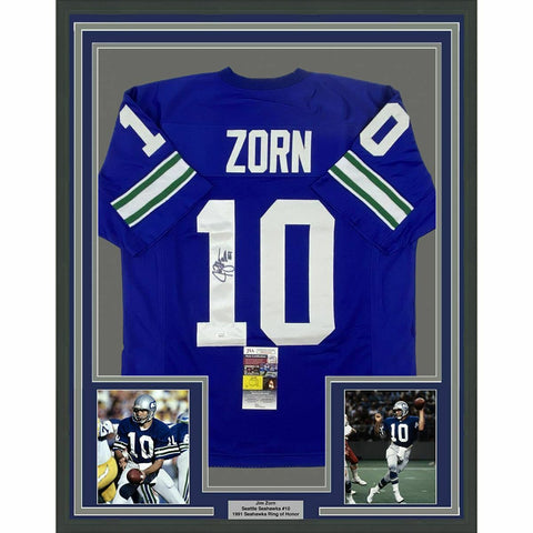 FRAMED Autographed/Signed JIM ZORN 33x42 Seattle Blue Football Jersey JSA COA