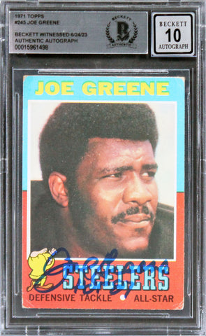 Steelers Joe Greene "HOF 87" Signed 1971 Topps #245 RC Card Auto 10 BAS Slab 7