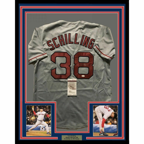 FRAMED Autographed/Signed CURT SCHILLING 33x42 Boston Grey Jersey JSA COA Auto