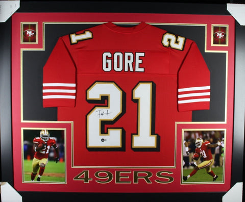 FRANK GORE (49ers red shadow SKYLINE) Signed Autographed Framed Jersey Beckett