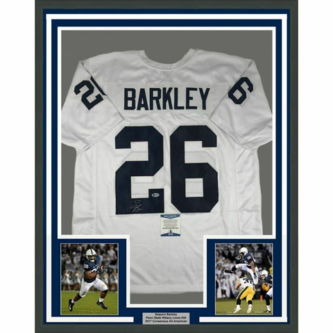 FRAMED Autographed/Signed SAQUON BARKLEY 33x42 Penn State White Jersey BAS COA