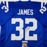 Autographed/Signed Edgerrin James Indianapolis Blue Football Jersey JSA COA