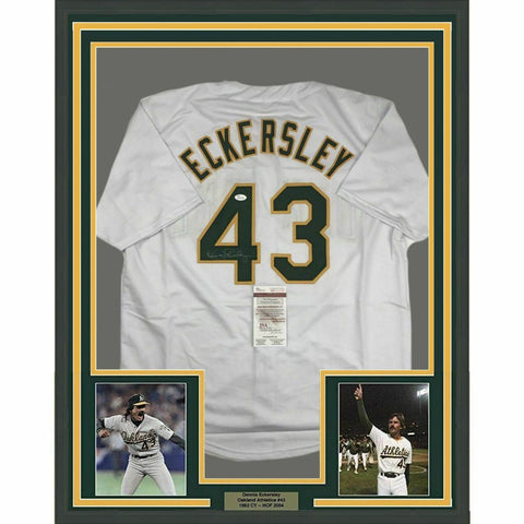 FRAMED Autographed/Signed DENNIS ECKERSLEY 33x42 Oakland White Jersey JSA COA