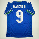 Autographed/Signed Kenneth Walker Seattle Retro Blue Football Jersey BAS COA