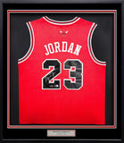 Bulls Michael Jordan Autographed Framed Red Jersey Beckett QR & UDA BAJ03662