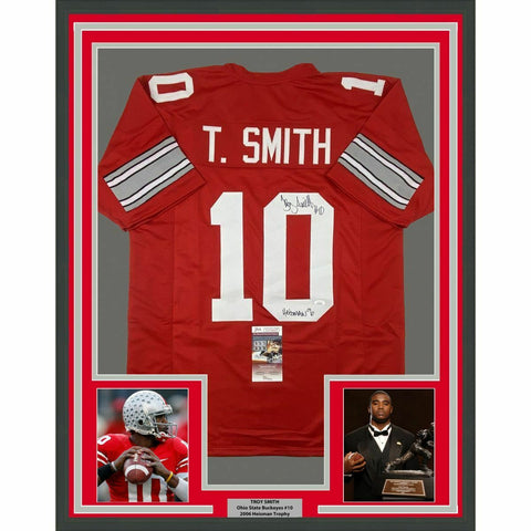 FRAMED Autographed/Signed TROY SMITH 33x42 Heisman 06 Ohio Red Jersey JSA COA