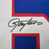 Framed Autographed/Signed Lawrence Taylor 35x39 NY Blue Stat Jersey Beckett COA