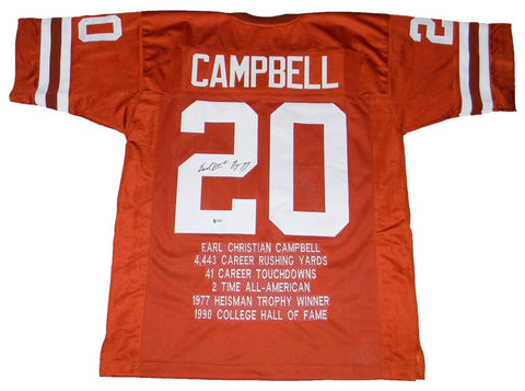 EARL CAMPBELL AUTOGRAPHED TEXAS LONGHORNS #20 STAT JERSEY BECKETT W/ HT 77