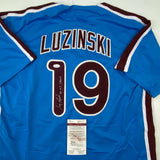 Autographed/Signed Greg Luzinski 80 WS Champs Philadelphia Blue Jersey JSA COA