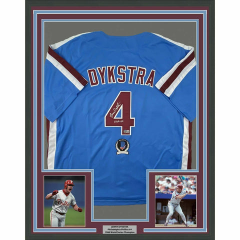 FRAMED Autographed/Signed LENNY DYKSTRA Nails 33x42 Blue Retro Jersey JSA COA