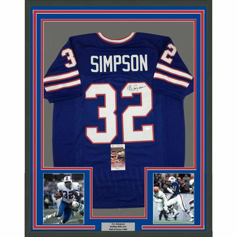 FRAMED Autographed/Signed OJ O.J. SIMPSON 33x42 Buffalo Blue Jersey JSA COA Auto