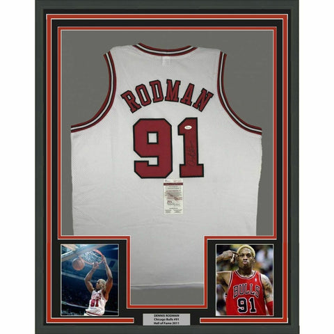 FRAMED Autographed/Signed DENNIS RODMAN 33x42 Chicago White Jersey JSA COA