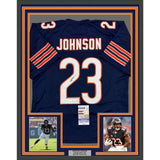 Framed Autographed/Signed Roschon Johnson 35x39 Chicago Blue Jersey JSA COA