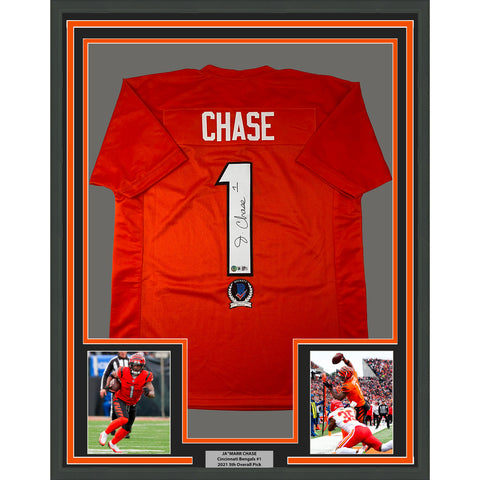 Framed Autographed/Signed Ja'Marr Chase 33x42 Cincinnati Orange Jersey BAS COA