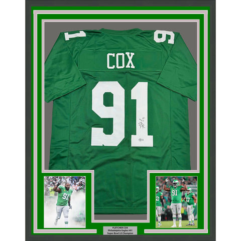 Framed Autographed/Signed Fletcher Cox 35x39 Kelly Green Jersey BAS COA