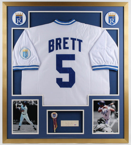 George Brett Signed Royals 34x38 Custom Framed Cut Display / Jersey & Pin (PSA)