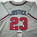 Autographed/Signed David Justice Atlanta Grey Baseball Jersey JSA COA