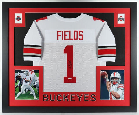 Justin Fields Signed Ohio State Buckeyes 35x43 Framed Jersey (JSA COA) Bears Q.B