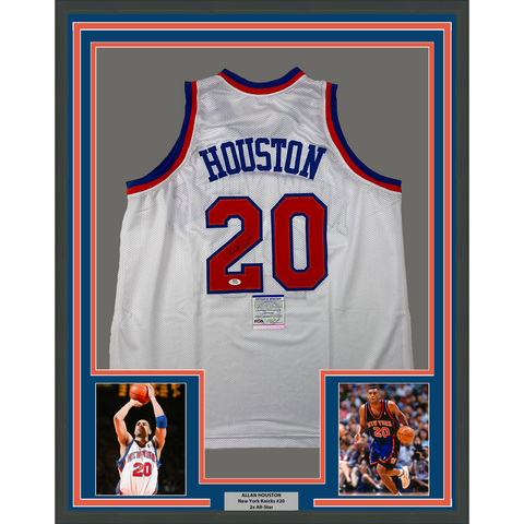 Framed Autographed/Signed Allan Houston 33x42 New York White Jersey PSA/DNA COA