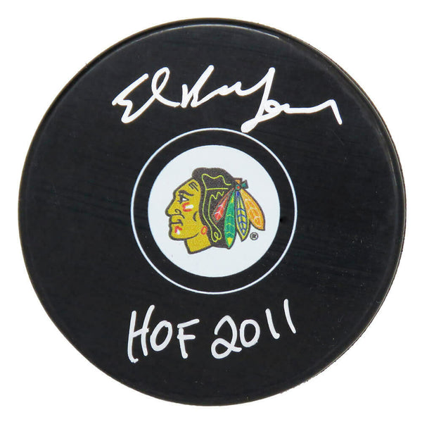 ED BELFOUR Signed Chicago Blackhawks Logo Hockey Puck w/HOF 2011 - SCHWARTZ