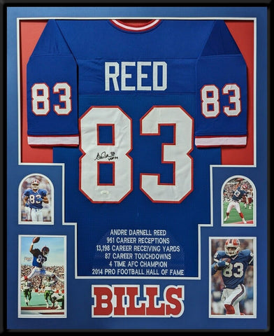 FRAMED BUFFALO BILLS ANDRE REED AUTOGRAPHED SIGNED INSCRIBED STAT JERSEY JSA COA