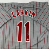 Autographed/Signed Barry Larkin Cincinnati Grey Pinstripe Baseball Jersey Becket