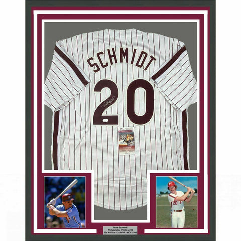 FRAMED Autographed/Signed MIKE SCHMIDT 33x42 Philly Pinstripe Jersey JSA COA