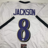 Autographed/Signed LAMAR JACKSON Baltimore White Football Jersey JSA COA Auto