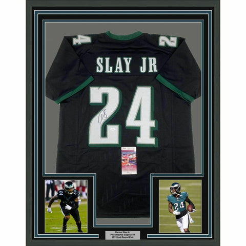 FRAMED Autographed/Signed DARIUS SLAY JR 33x42 Philadelphia Black Jersey JSA COA