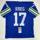 Autographed/Signed David Krieg Seattle Blue Football Jersey JSA COA