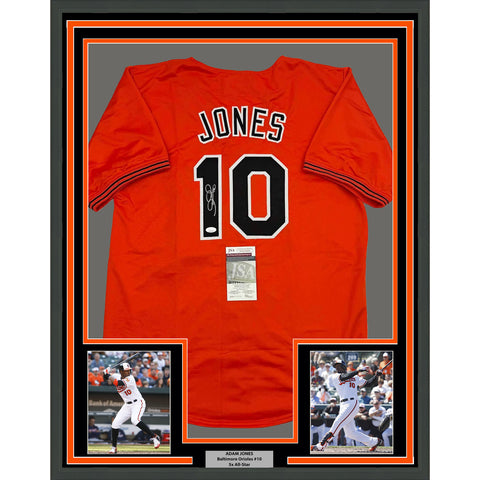 Framed Autographed/Signed Adam Jones 35x39 Baltimore Orange Jersey JSA COA