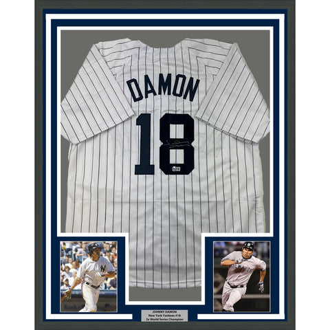 Framed Autographed/Signed Johnny Damon 35x39 New York Pinstripe Jersey BAS COA