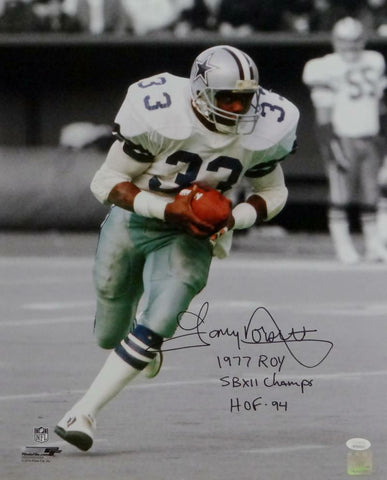 Tony Dorsett Signed Cowboys 16x20 PF BW & Color Photo w/ 3 Insc- JSA W *1977 ROY