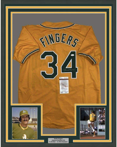 Framed Autographed/Signed Rollie Fingers 35x39 Oakland Yellow Jersey JSA COA