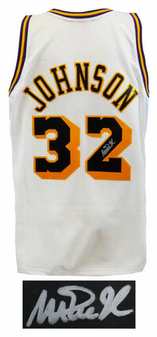 Magic Johnson Signed Lakers White w/Black #'s M&N NBA Swingman Jersey - (SS COA)