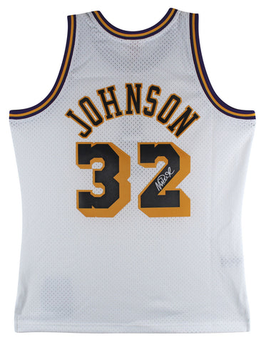 Lakers Magic Johnson Signed White M&N 1984-85 HWC Swingman Jersey BAS Witnessed